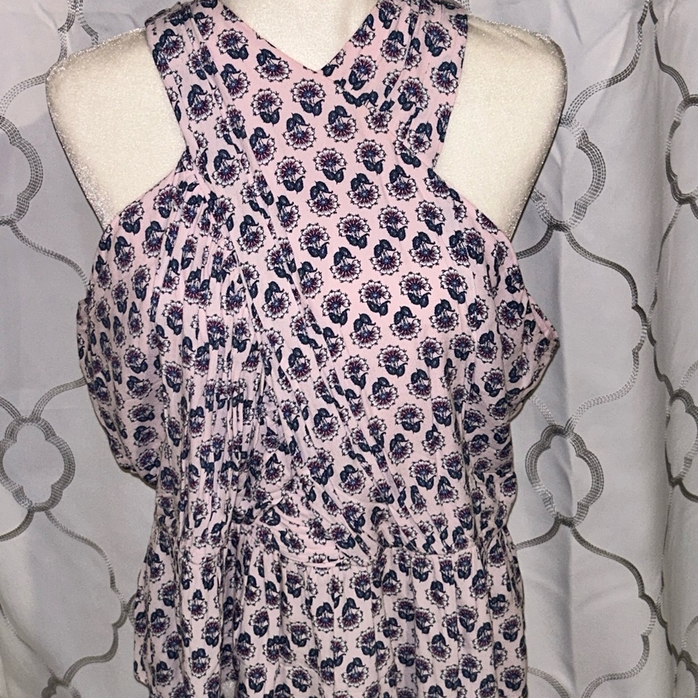 LOFT Pink and Blue Ruched Asymmetrical Tank Top